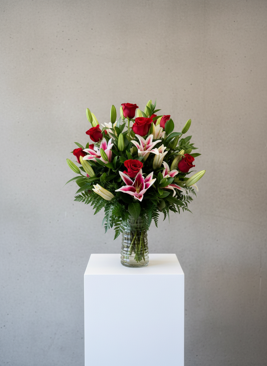 Red Roses, Starfighter Lily, Glass Vase