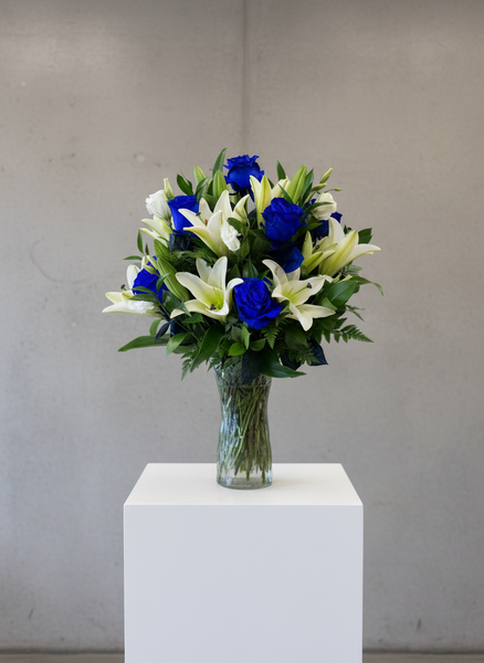 blue roses and white lilies bouquet Blue & White Elegance Bouquet | Blue Roses & White Lilies Atlanta